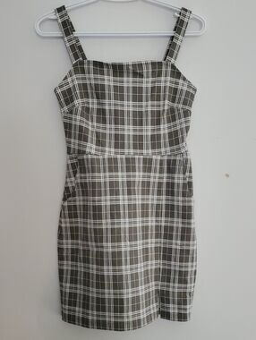 Square-Neck Plaid Mini Dress in Olive Green
